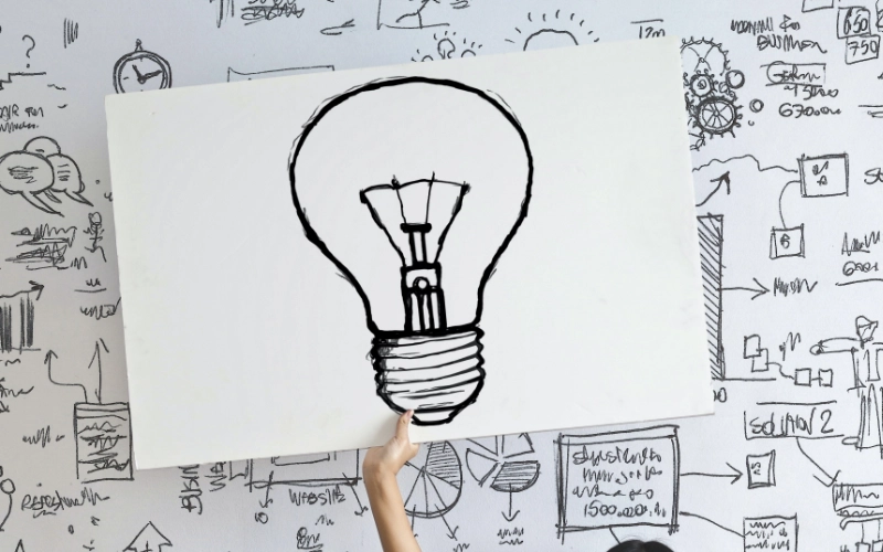 A woman holding up a large paper with a lightbulb image on it.